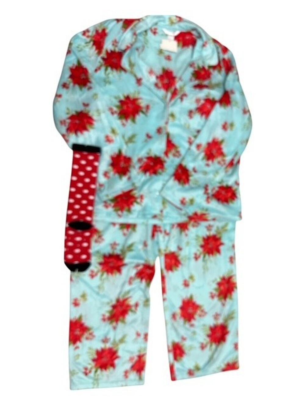 Adonna Women XL Pajamas Fleece Blue Red Floral Long Sleeve 2-pc Set & Grip Socks